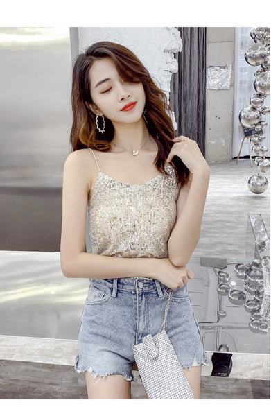 Summer Beautiful Shiny Sequins V-Neck Shiny Spaghetti Strap Camisole Short Loose Vest Top Outer Wear