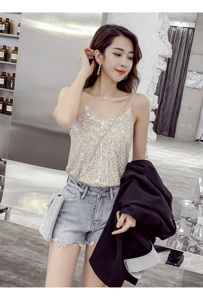 Summer Beautiful Shiny Sequins V-Neck Shiny Spaghetti Strap Camisole Short Loose Vest Top Outer Wear