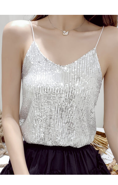 Summer Beautiful Shiny Sequins V-Neck Shiny Spaghetti Strap Camisole Short Loose Vest Top Outer Wear