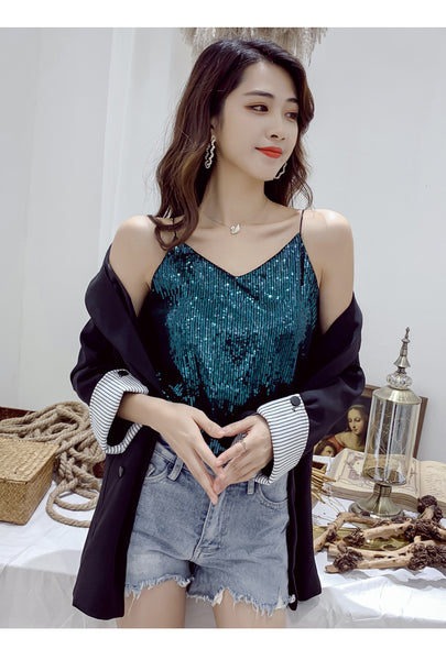 Summer Beautiful Shiny Sequins V-Neck Shiny Spaghetti Strap Camisole Short Loose Vest Top Outer Wear