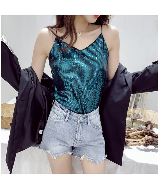 Summer Beautiful Shiny Sequins V-Neck Shiny Spaghetti Strap Camisole Short Loose Vest Top Outer Wear