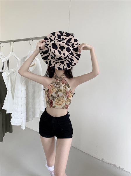 Amazing Trendy Women Floral Printed Halter Collar Neck Crop Vest Fit Slim Design Top