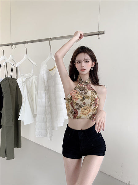 Amazing Trendy Women Floral Printed Halter Collar Neck Crop Vest Fit Slim Design Top