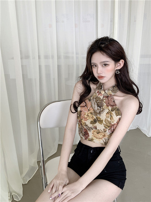 Amazing Trendy Women Floral Printed Halter Collar Neck Crop Vest Fit Slim Design Top