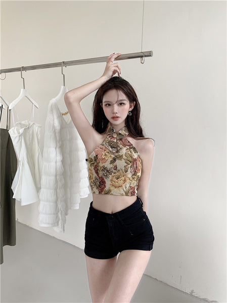 Amazing Trendy Women Floral Printed Halter Collar Neck Crop Vest Fit Slim Design Top