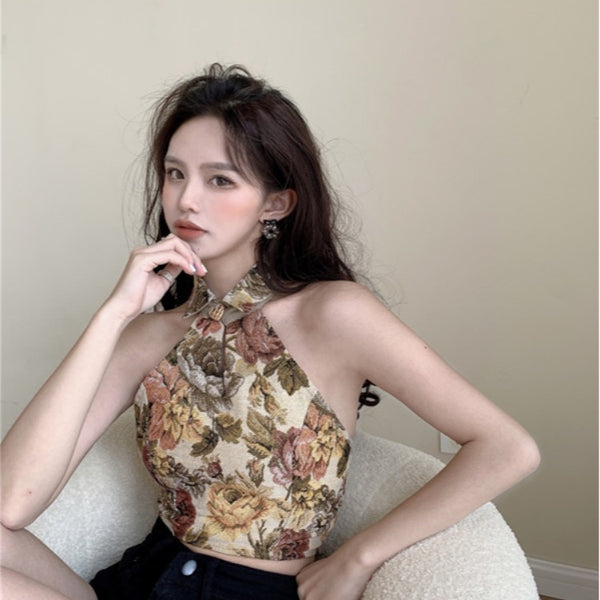 Amazing Trendy Women Floral Printed Halter Collar Neck Crop Vest Fit Slim Design Top