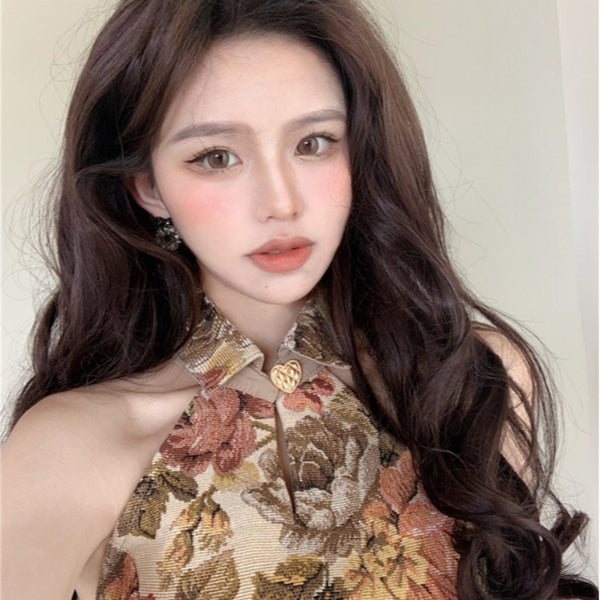 Amazing Trendy Women Floral Printed Halter Collar Neck Crop Vest Fit Slim Design Top