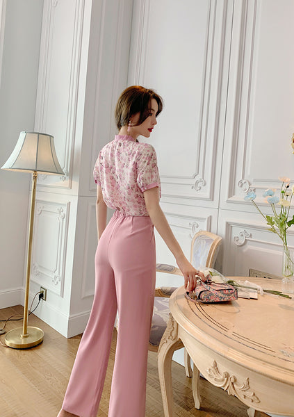 Sweet Temperament Women Pinky Fashion Chiffon Collar Bow Wide Leg Pants Two Piece Pink Shirt Suit