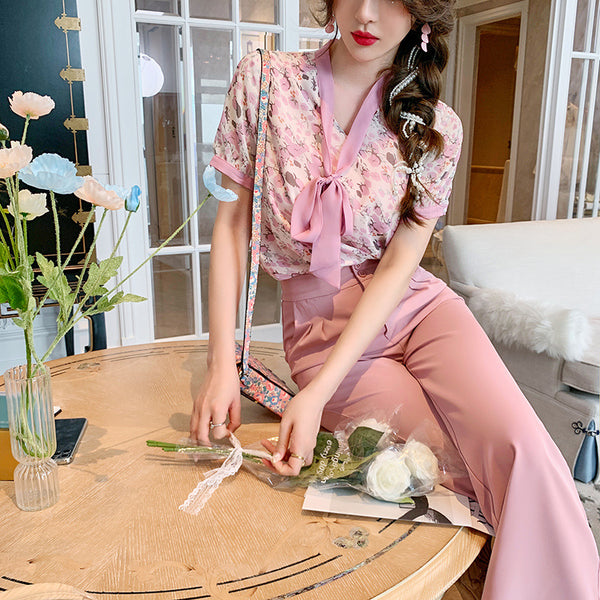 Sweet Temperament Women Pinky Fashion Chiffon Collar Bow Wide Leg Pants Two Piece Pink Shirt Suit