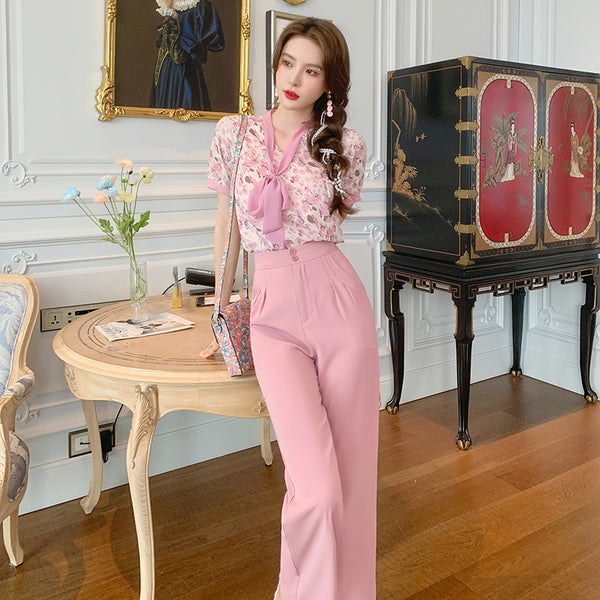 Sweet Temperament Women Pinky Fashion Chiffon Collar Bow Wide Leg Pants Two Piece Pink Shirt Suit