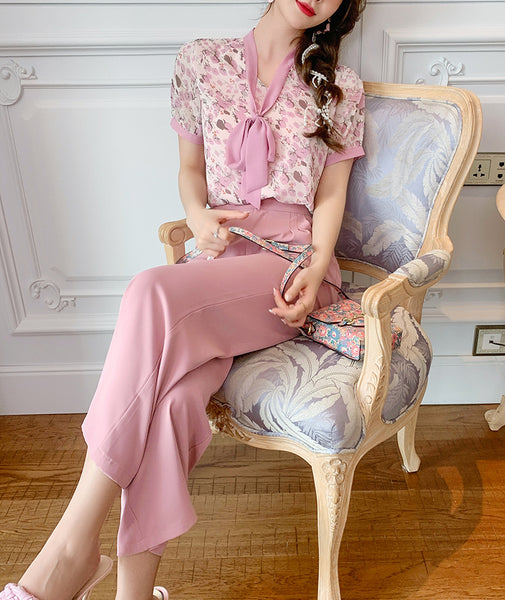Sweet Temperament Women Pinky Fashion Chiffon Collar Bow Wide Leg Pants Two Piece Pink Shirt Suit