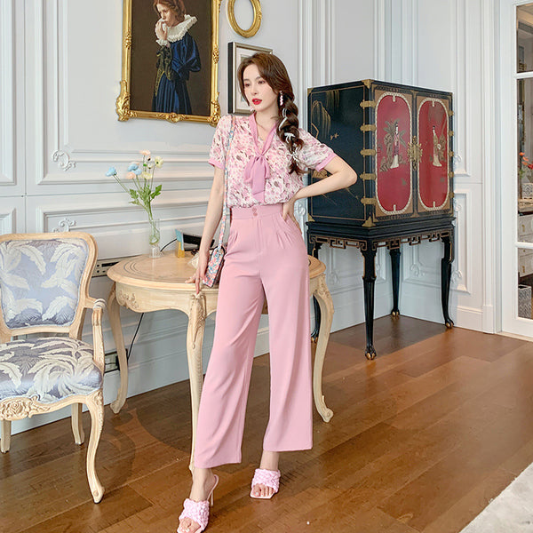 Sweet Temperament Women Pinky Fashion Chiffon Collar Bow Wide Leg Pants Two Piece Pink Shirt Suit