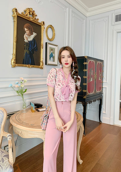 Sweet Temperament Women Pinky Fashion Chiffon Collar Bow Wide Leg Pants Two Piece Pink Shirt Suit