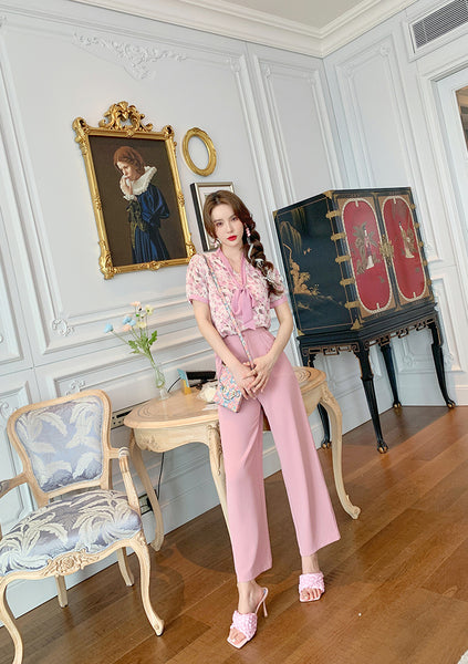 Sweet Temperament Women Pinky Fashion Chiffon Collar Bow Wide Leg Pants Two Piece Pink Shirt Suit