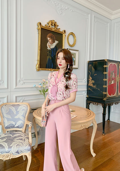 Sweet Temperament Women Pinky Fashion Chiffon Collar Bow Wide Leg Pants Two Piece Pink Shirt Suit