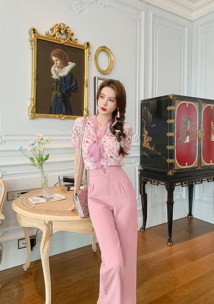 Sweet Temperament Women Pinky Fashion Chiffon Collar Bow Wide Leg Pants Two Piece Pink Shirt Suit