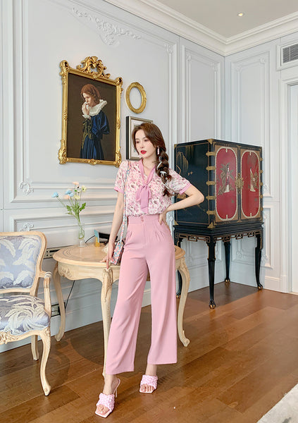 Sweet Temperament Women Pinky Fashion Chiffon Collar Bow Wide Leg Pants Two Piece Pink Shirt Suit