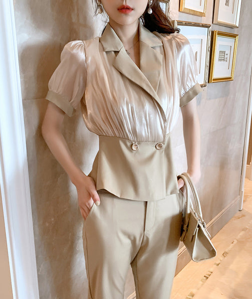 Professional Temperament Elegant Office Ladies Sheer Streetwear Top V Neck Collar Short Sleeves Long Trousers Pants Two Piece Suit