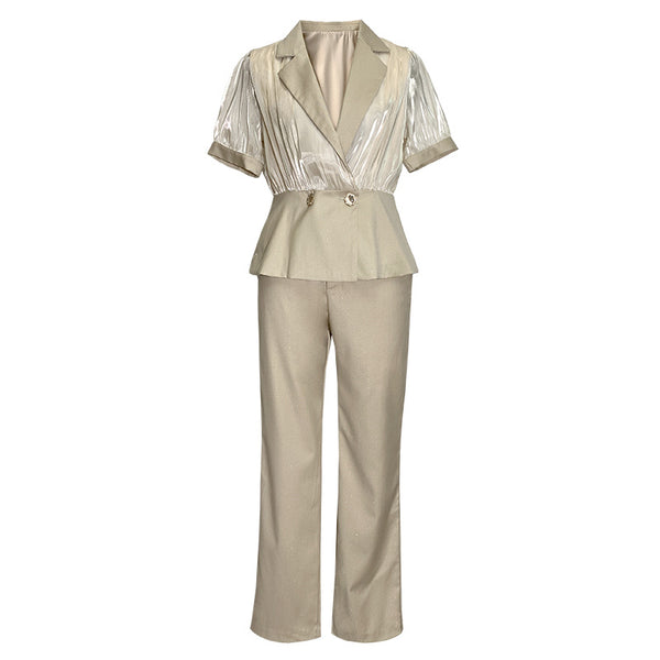 Professional Temperament Elegant Office Ladies Sheer Streetwear Top V Neck Collar Short Sleeves Long Trousers Pants Two Piece Suit