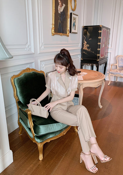Professional Temperament Elegant Office Ladies Sheer Streetwear Top V Neck Collar Short Sleeves Long Trousers Pants Two Piece Suit