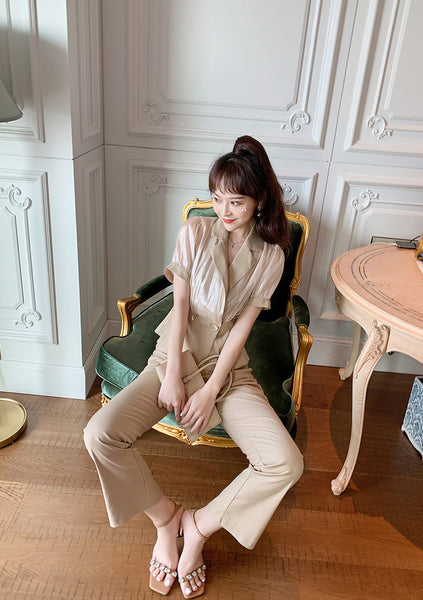 Professional Temperament Elegant Office Ladies Sheer Streetwear Top V Neck Collar Short Sleeves Long Trousers Pants Two Piece Suit