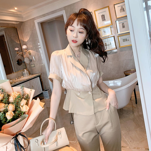 Professional Temperament Elegant Office Ladies Sheer Streetwear Top V Neck Collar Short Sleeves Long Trousers Pants Two Piece Suit