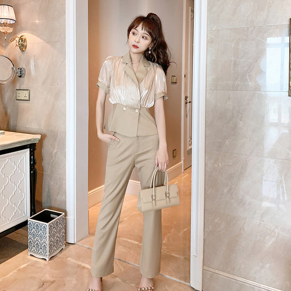 Professional Temperament Elegant Office Ladies Sheer Streetwear Top V Neck Collar Short Sleeves Long Trousers Pants Two Piece Suit