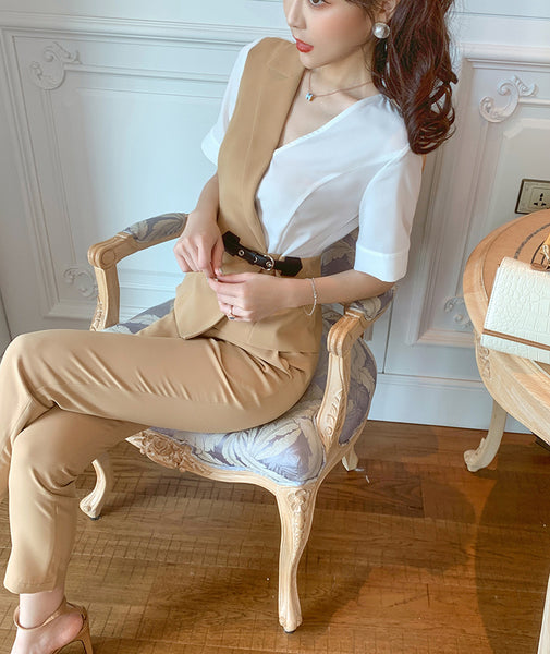 Professional Color Mixing Suit Summer V Neck Design Irregular Short Sleeves Shirt Top High Waist Pants Two Piece Set