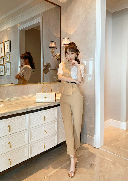 Professional Color Mixing Suit Summer V Neck Design Irregular Short Sleeves Shirt Top High Waist Pants Two Piece Set