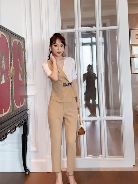 Professional Color Mixing Suit Summer V Neck Design Irregular Short Sleeves Shirt Top High Waist Pants Two Piece Set