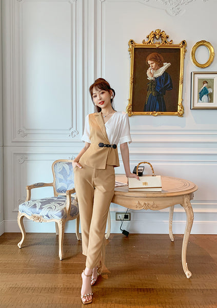 Professional Color Mixing Suit Summer V Neck Design Irregular Short Sleeves Shirt Top High Waist Pants Two Piece Set