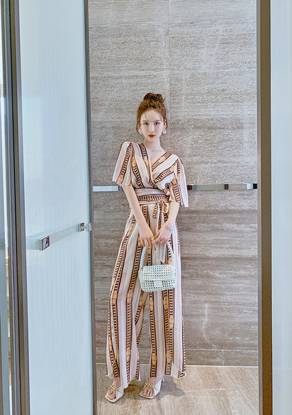 Great Look Summer Trends Elegant V Neck Office Ladies Short Sleeves Shirt Top High Waist Pants Outfit