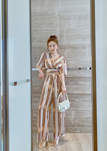 Great Look Summer Trends Elegant V Neck Office Ladies Short Sleeves Shirt Top High Waist Pants Outfit