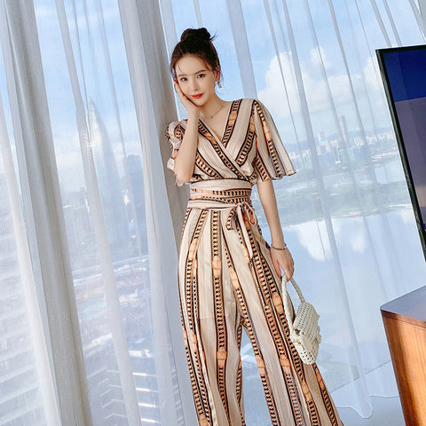 Great Look Summer Trends Elegant V Neck Office Ladies Short Sleeves Shirt Top High Waist Pants Outfit