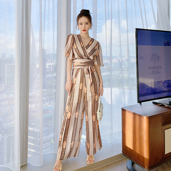 Great Look Summer Trends Elegant V Neck Office Ladies Short Sleeves Shirt Top High Waist Pants Outfit