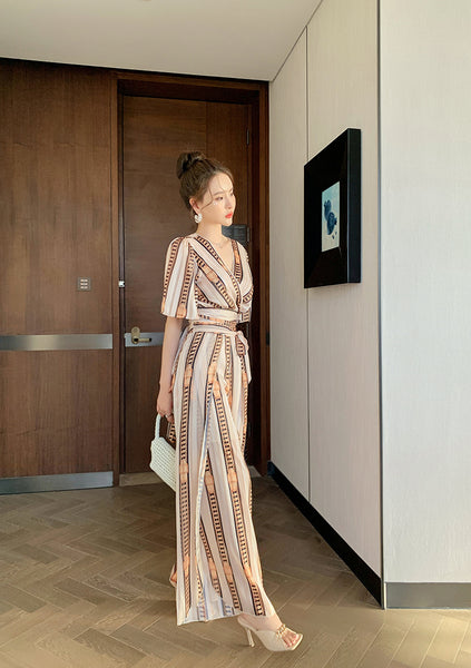 Great Look Summer Trends Elegant V Neck Office Ladies Short Sleeves Shirt Top High Waist Pants Outfit