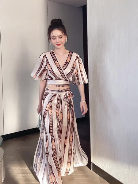 Great Look Summer Trends Elegant V Neck Office Ladies Short Sleeves Shirt Top High Waist Pants Outfit