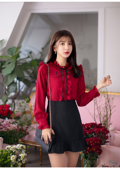 Perfect Look Solid Ruffle Front Button Frill Trim Mock Neck Stand Collar Design Top Long Sleeved Chiffon Shirt Blouse