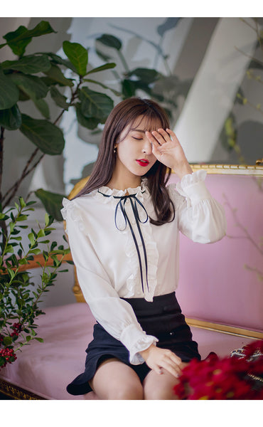 Perfect Look Solid Ruffle Front Button Frill Trim Mock Neck Stand Collar Design Top Long Sleeved Chiffon Shirt Blouse