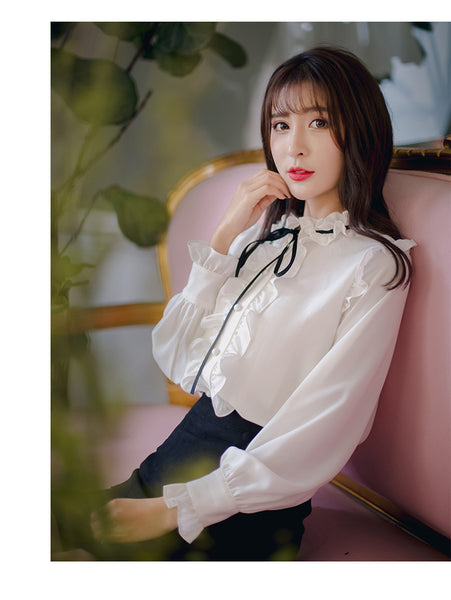 Perfect Look Solid Ruffle Front Button Frill Trim Mock Neck Stand Collar Design Top Long Sleeved Chiffon Shirt Blouse