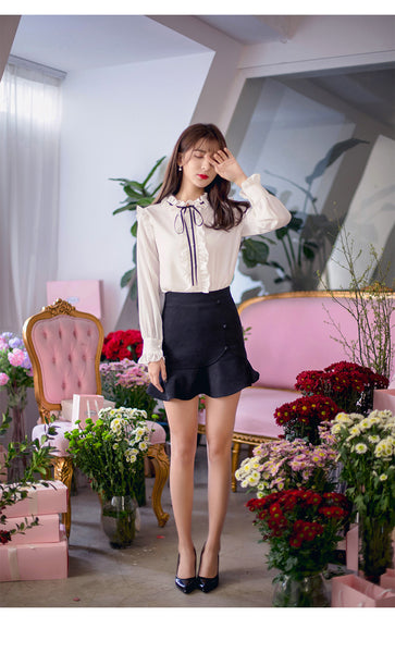 Perfect Look Solid Ruffle Front Button Frill Trim Mock Neck Stand Collar Design Top Long Sleeved Chiffon Shirt Blouse