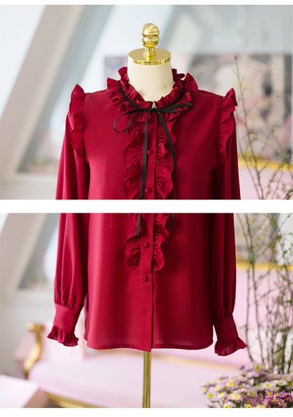 Perfect Look Solid Ruffle Front Button Frill Trim Mock Neck Stand Collar Design Top Long Sleeved Chiffon Shirt Blouse