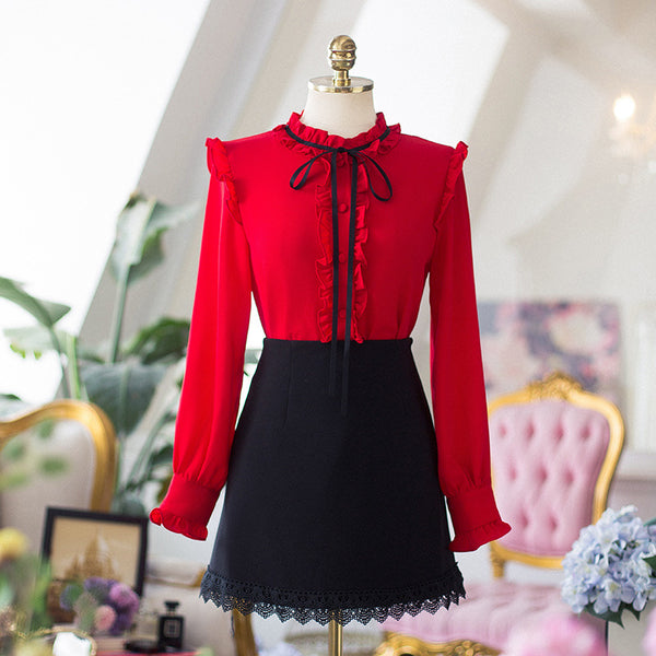 Perfect Look Solid Ruffle Front Button Frill Trim Mock Neck Stand Collar Design Top Long Sleeved Chiffon Shirt Blouse
