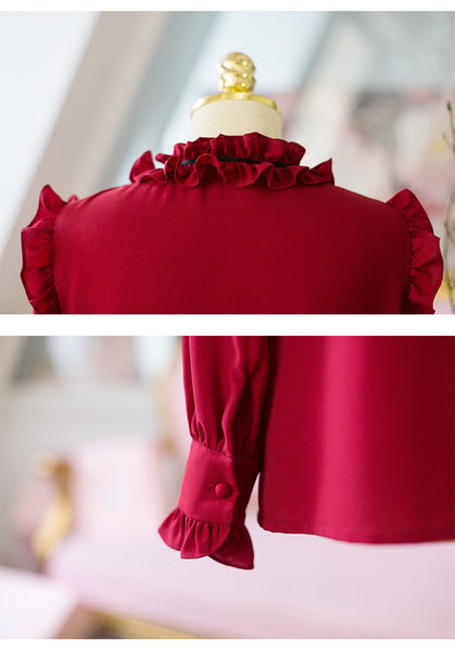 Perfect Look Solid Ruffle Front Button Frill Trim Mock Neck Stand Collar Design Top Long Sleeved Chiffon Shirt Blouse