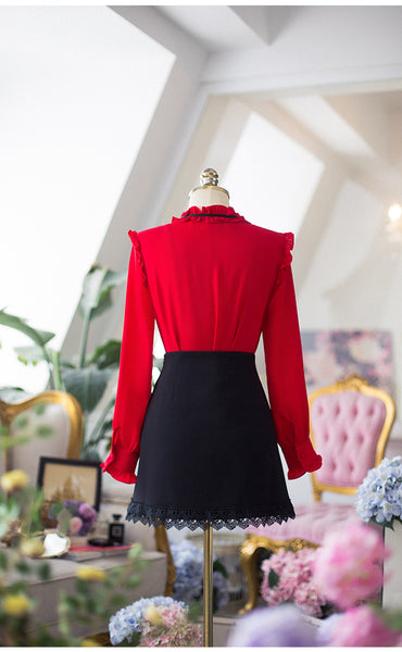 Perfect Look Solid Ruffle Front Button Frill Trim Mock Neck Stand Collar Design Top Long Sleeved Chiffon Shirt Blouse