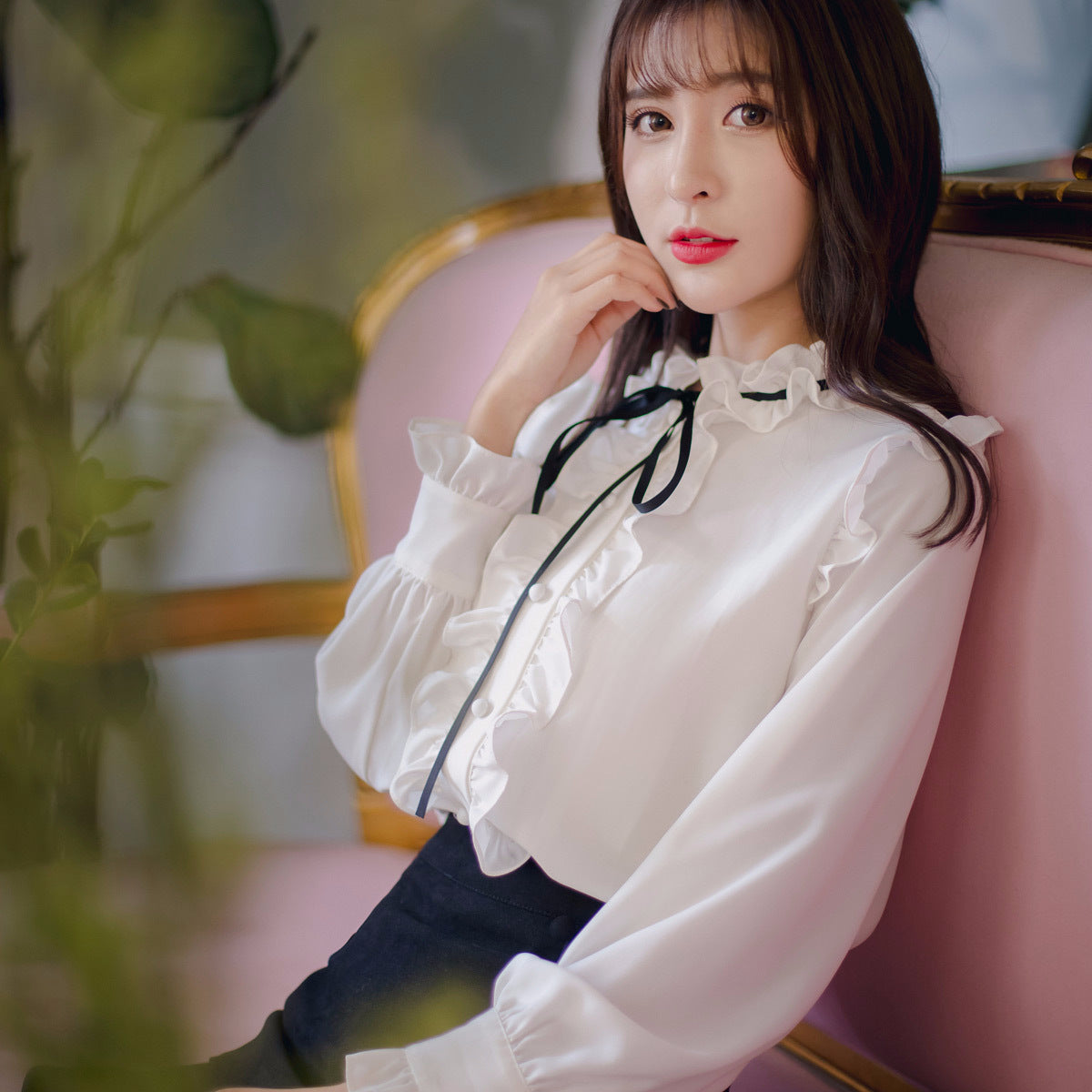 Perfect Look Solid Ruffle Front Button Frill Trim Mock Neck Stand Collar Design Top Long Sleeved Chiffon Shirt Blouse