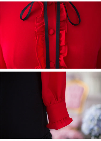 Perfect Look Solid Ruffle Front Button Frill Trim Mock Neck Stand Collar Design Top Long Sleeved Chiffon Shirt Blouse