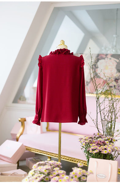 Perfect Look Solid Ruffle Front Button Frill Trim Mock Neck Stand Collar Design Top Long Sleeved Chiffon Shirt Blouse