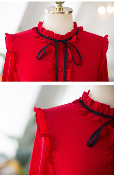 Perfect Look Solid Ruffle Front Button Frill Trim Mock Neck Stand Collar Design Top Long Sleeved Chiffon Shirt Blouse