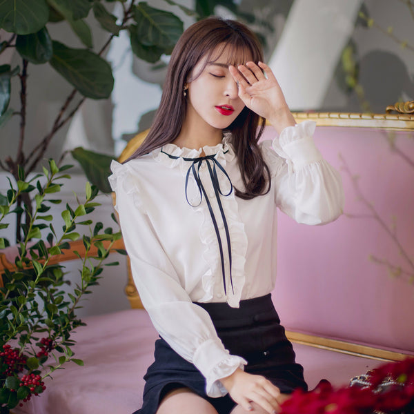 Perfect Look Solid Ruffle Front Button Frill Trim Mock Neck Stand Collar Design Top Long Sleeved Chiffon Shirt Blouse